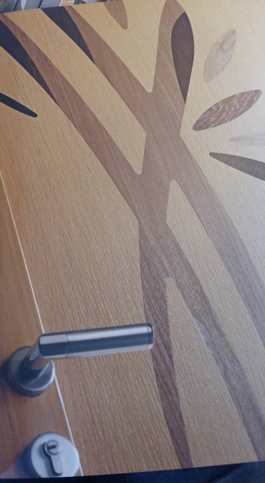 Détail marqueterie bois sur porte d'entrée